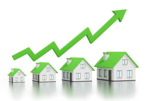 House prices rising concept. Growing real estate graph green arrow - 3d rendering