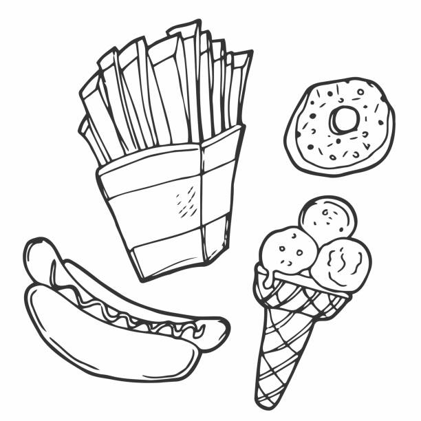 ilustrações de stock, clip art, desenhos animados e ícones de fast food doodle set. vector line sketch - sandwich sketch cartoon line art