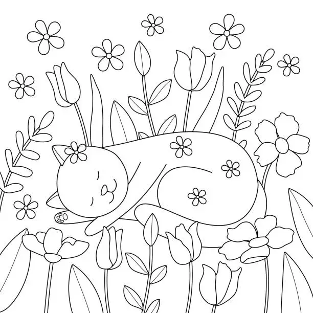Vector illustration of Cute kids coloring book with sleeping kitty in flowers. Simple illustration with cat in nature on square page.