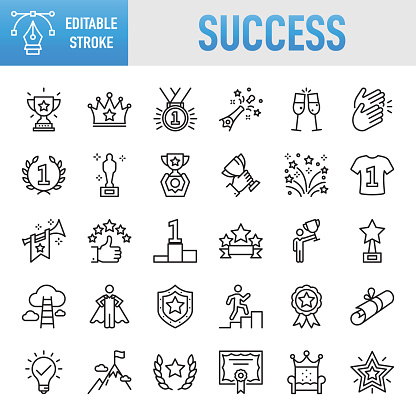 Success, Awards and Tropy Line Icons. Set of vector creativity icons. 64x64 Pixel Perfect. Editable stroke. For Mobile and Web. The set contains icons: Idea generation preparation inspiration influence originality, concentration challenge launch. Contains such icons as Award, Trophy - Award, Success, Winning, Quality, Symbol, Diploma, Medal, Certificate, Achievement, Incentive