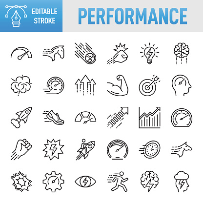 Performance Line Icons. Set of vector creativity icons. 64x64 Pixel Perfect. Editable stroke. For Mobile and Web. The set contains icons: Idea generation preparation inspiration influence originality, concentration challenge launch. Contains such icons as Performance, Speed, Growth, Strength, Improvement, Development, Business, Internet, Running, Efficiency, Progress