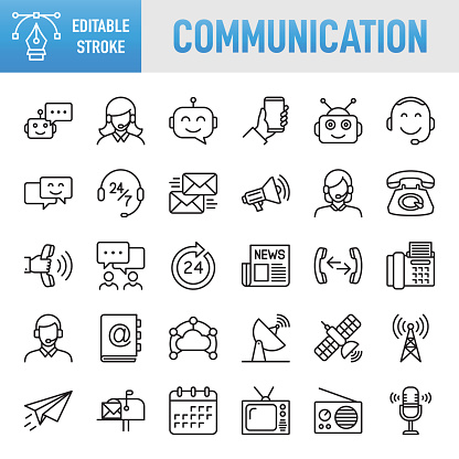 Modern Universal Business Communication Line Icon Set - Thin line vector icon set. 30 linear icon. Pixel perfect. Editable stroke. For Mobile and Web. The set contains icons: Communication, Connection, Internet, Technology, Business, E-Mail,Using Phone, Social Media, Discussion, Talking, Support, Service, Community, Teamwork, Message, Speech Bubble, Contact Us