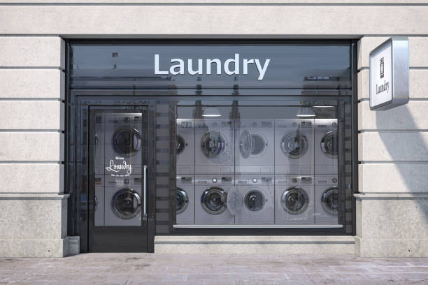 Wide angle photo of an empty Laundromat