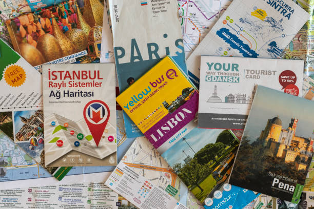 City guides and tourist maps from different countries. stock photo