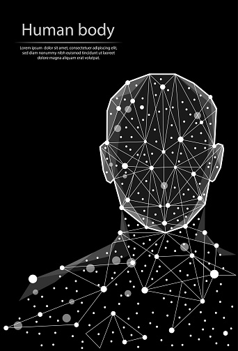 Abstract low-polygonal image of the human body, consisting of dots, lines and shapes. 3D Low-poly vector. Black and white image