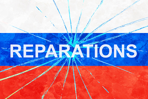 Russian flag on a broken glass texture with the inscription reparations.