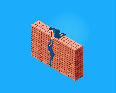 Problems in business, help and support, Business people and brick wall. Isometric illustration
