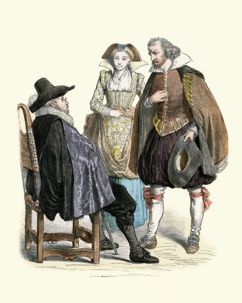 Traditional costumes of Germany in the 17th Century, History fashion Vintage illustration, Traditional costumes of Germany in the 17th Century drawing of a women wearing garter belts stock illustrations