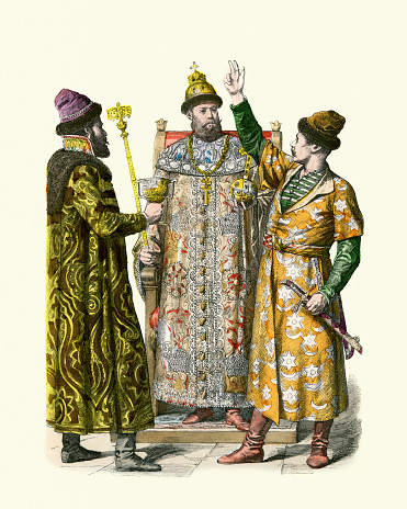 Vintage illustration, Russian traditional costumes, 16th and 17th Century Tsar and Boyars, Russia, History fashion