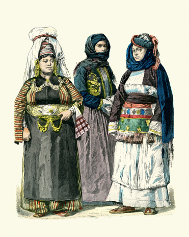 Vintage illustration, Ottoman Empire traditional costumes, Kurden-Frau aus Juzgat, Prevesa, Chios, History fashion 19th Century