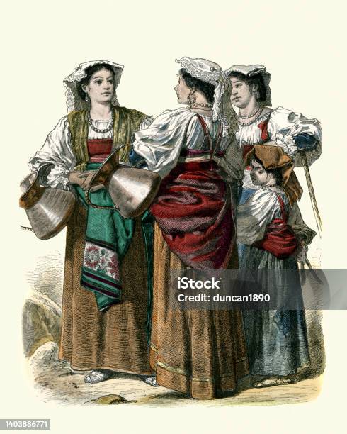 Italian Woman In Traditional Dress Rome Region Italy History Fashion 19th Century Stock Illustration - Download Image Now