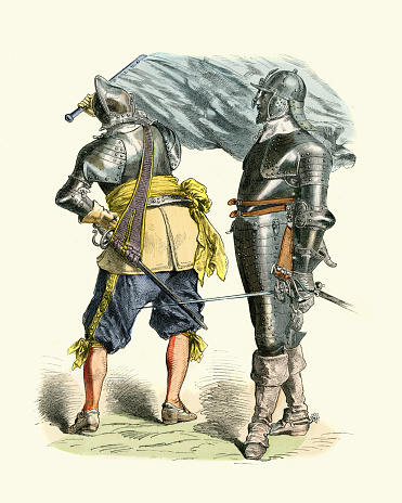Vintage illustration, German soldiers from the 17th Century, Armour, Sword, Flag, Standard bearer, Military History Uniforms and Weapons. 1630 to 1650
