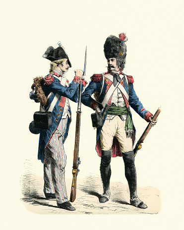 Vintage illustration, French soldiers of late 18th Century, Infantry, Grenadier, Military History Uniforms and Weapons
