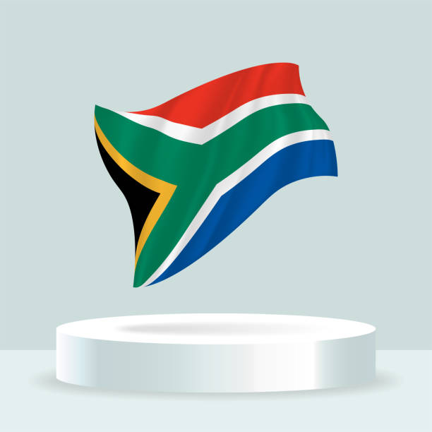 ilustraciones, imágenes clip art, dibujos animados e iconos de stock de bandera de sudáfrica. representación 3d de la bandera que se muestra en el stand. - flag south african flag south africa national flag