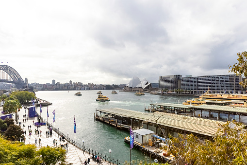Sydney, Australia - June 19, 2022, Circular Quay with Opera House , view from Cahill Expressway