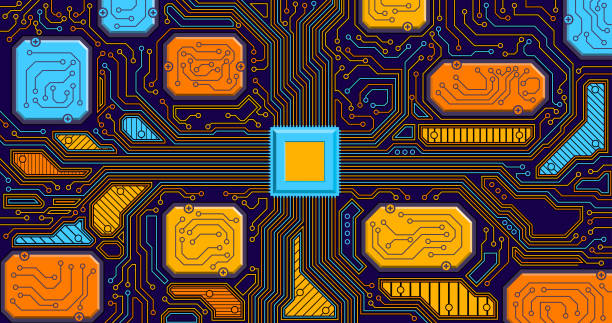 bildbanksillustrationer, clip art samt tecknat material och ikoner med detail of a circuit board with several chips connected by yellow, orange and blue lines. vector image - wafer