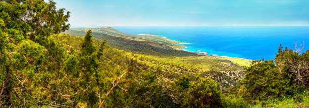 средиземноморский пейзаж, панорама, баннер - вид сверху с горного хребта на полуостров карпас, остров кипр - karpas стоковые фото и изображения