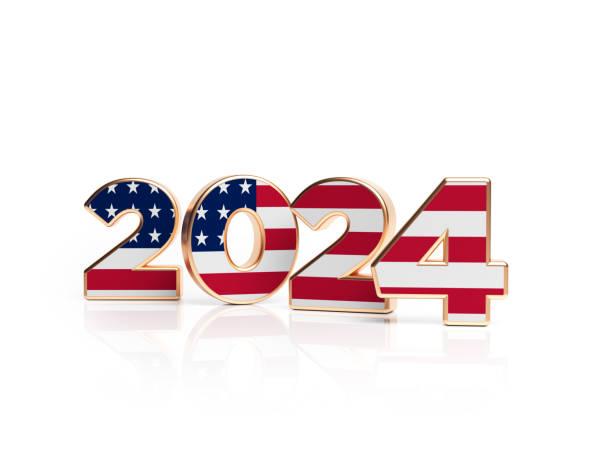 istock Gold framed 2024 text with the American flag on white background. 1403892857