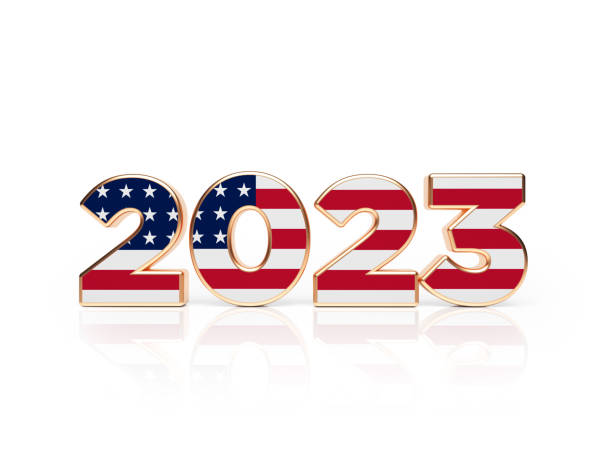 istock Gold framed 2023 text with the American flag on white background. 1403892967