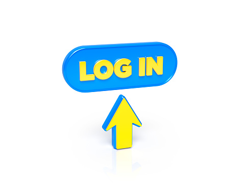 Log in text and arrow cursor. On white color background. Horizontal composition. Isolated with clipping path.