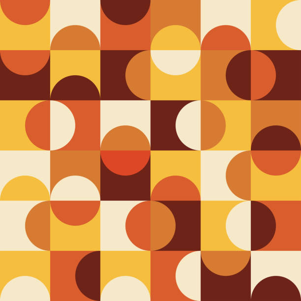 mid century nowoczesny półokrągły bezszwowy wzór na pomarańczowych, żółtych, białych i brązowych kwadratach - 70s stock illustrations
