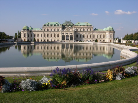 Vienna, Austria - June 2022: View with Belvedere Palace (Schloss Belvedere) built in Baroque architectural style and located in Vienna, Austria
