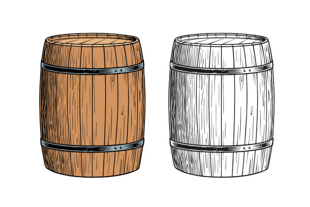 illustrations, cliparts, dessins animés et icônes de fûts de bière ou de vin imitouflés sur fond blanc, illustration vectorielle de style gravure - oak barrel
