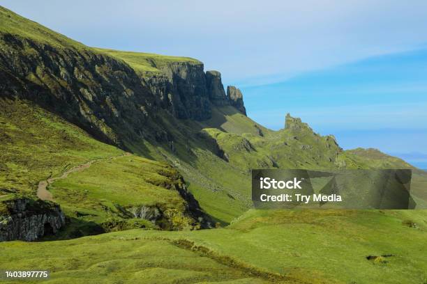 Dramatic Cliff And Green Landscape Of The Quiraing In Isle Of Skye Stock Photo - Download Image Now