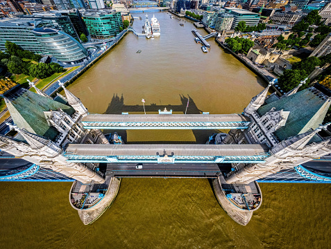 The aerial view of Tower Bridge, a famous suspension bridge in London, England