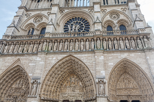 Notre Dame de Paris sculptures . Statues of Saints on cathedral