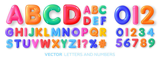 illustrazioni stock, clip art, cartoni animati e icone di tendenza di lettere e numeri 3d colorati - alphabet