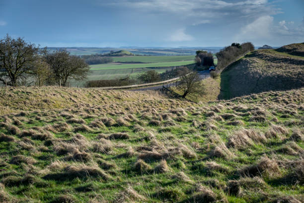 pewsey downs, winterlandschaft, in der nähe von alton barnes white horse hill, witshire, england, großbritannien. - national grassland stock-fotos und bilder