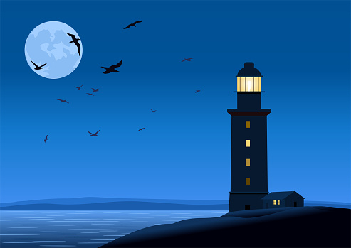 Majestic Lighthouse on the Coast at Night