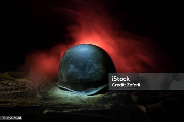 Soviet Army Helmet Second World War In Dark Selective Focus Stock Photo - Download Image Now