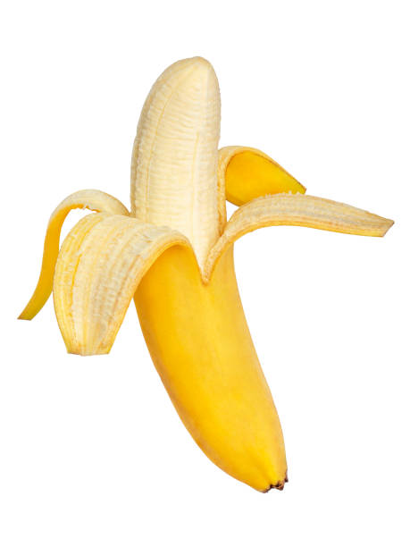 istock Half peeled banana isolated on white background 1403910345