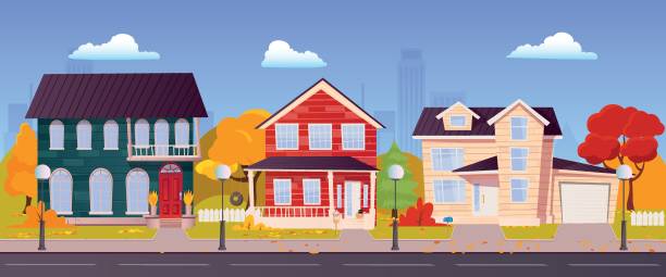 Urban or suburban neighborhood in Fall, houses with lights Urban or suburban neighborhood in Fall, houses with lights. Vector homes with garages, trees and driveway. Suburb Autumn village landscape with cottage buildings, and town silhouettes on background. modern house driveway stock illustrations