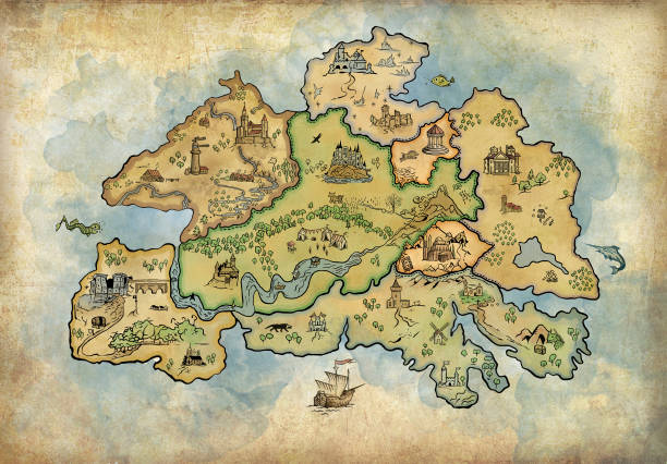 ilustraciones, imágenes clip art, dibujos animados e iconos de stock de antiguo mapa vintage de una isla con reinos con dibujos hechos a mano para juegos de tesoros e historias de fantasía, con tierra y mar - adventure history map backgrounds