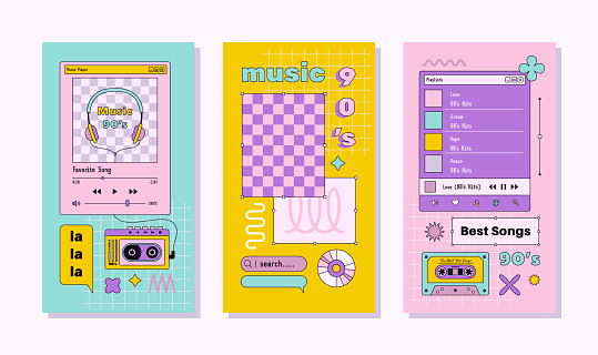 Vaporwave Music Template Social Media Stories. Retro Desktop with Frames, Playlist and Player Elements. Vector Abstract Aesthetic Background Nostalgic for 90s