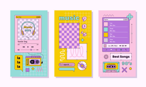 Vaporwave Music Template Social Media Stories. Retro Desktop with Frames, Playlist and Elements. Vector Background Vaporwave Music Template Social Media Stories. Retro Desktop with Frames, Playlist and Player Elements. Vector Abstract Aesthetic Background Nostalgic for 90s personal stereo stock illustrations