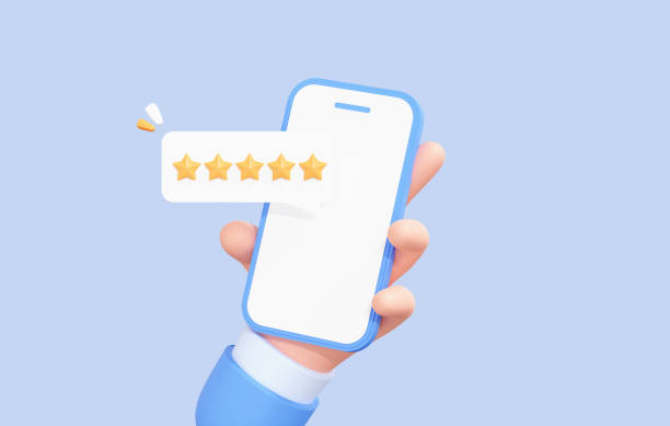 3D Phone with customer feedback. Cartoon Hand holding smartphone with five star rating on the screen. Positive user reviews. Five gold star rate. Online assessment concept. 3D Rendering stock photo