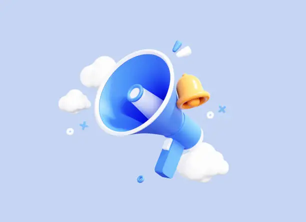 3D Cartoon Megaphone with Bell notification. Marketing time concept. Online news with loudspeaker. Social media promotion. Realistic elements isolated on blue background. 3D Rendering