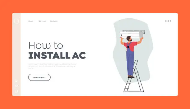 Vector illustration of How to Install Ac Landing Page Template. Air Conditioner Installation. Professional Crew Character Working in Room