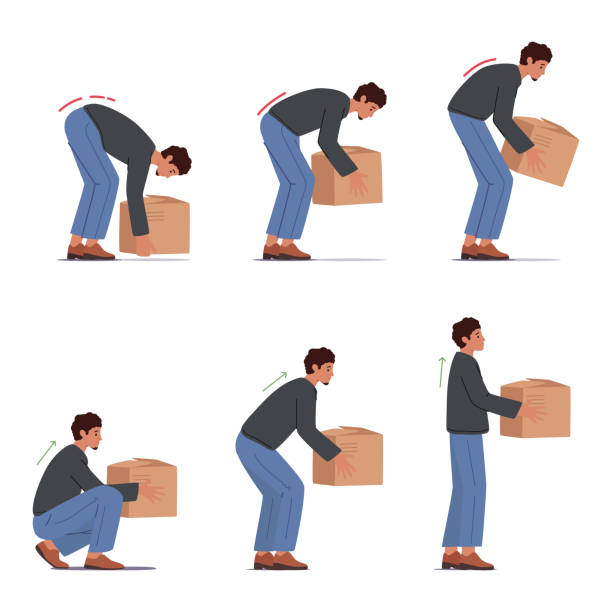 重い箱の正しいと間違った持ち上げ、ヘルスケア、怪我防止の概念。段ボールパッケージで立ち上がる男 - human spine posture back backache点のイラスト素材／クリップアート素材／マンガ素材／アイコン素材
