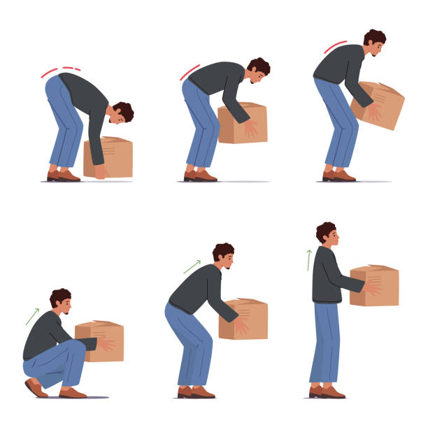 Correct and Incorrect Lift of Heavy Box, Health Care, Injury Prevention Concept. Man Stand Up with Cardboard Package Correct and Incorrect Lift of Heavy Box, Health Care, Injury Prevention Concept. Man Stand Up with Cardboard Package in Hands. Male Character Back Safety Technique. Cartoon People Vector Illustration retrieving stock illustrations