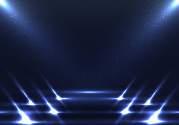 latar belakang adegan biru panggung runway mode kosong dengan lampu sorot jalan setapak dan partikel debu - catwalk ilustrasi stok