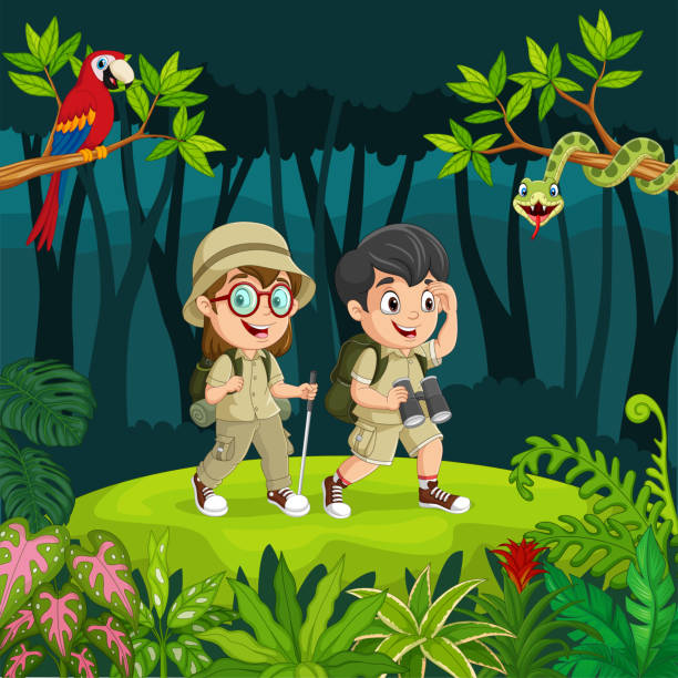 정글에 동물이있는 만화 탐험가 아이들 - little boys discovery binoculars child stock illustrations