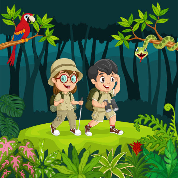 ilustrații de stoc cu explorator de desene animate copii cu animale în junglă - explorator