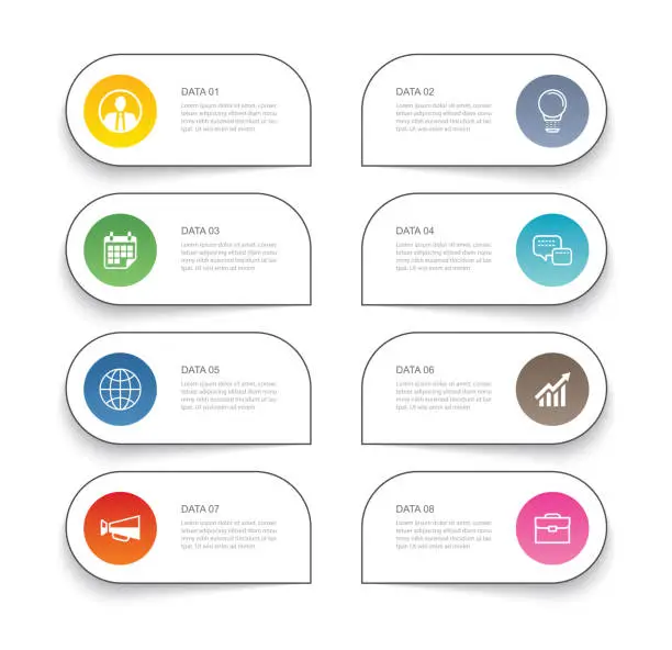 Vector illustration of 8 data infographics tab thin line index template. Vector illustration abstract square infographic background.
