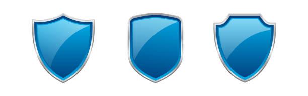 ilustrações de stock, clip art, desenhos animados e ícones de three dimensional blue shield with metal frame design - block