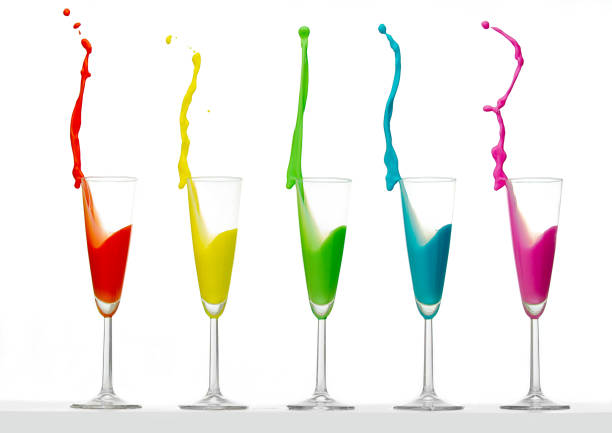 Five cups of colored liquids